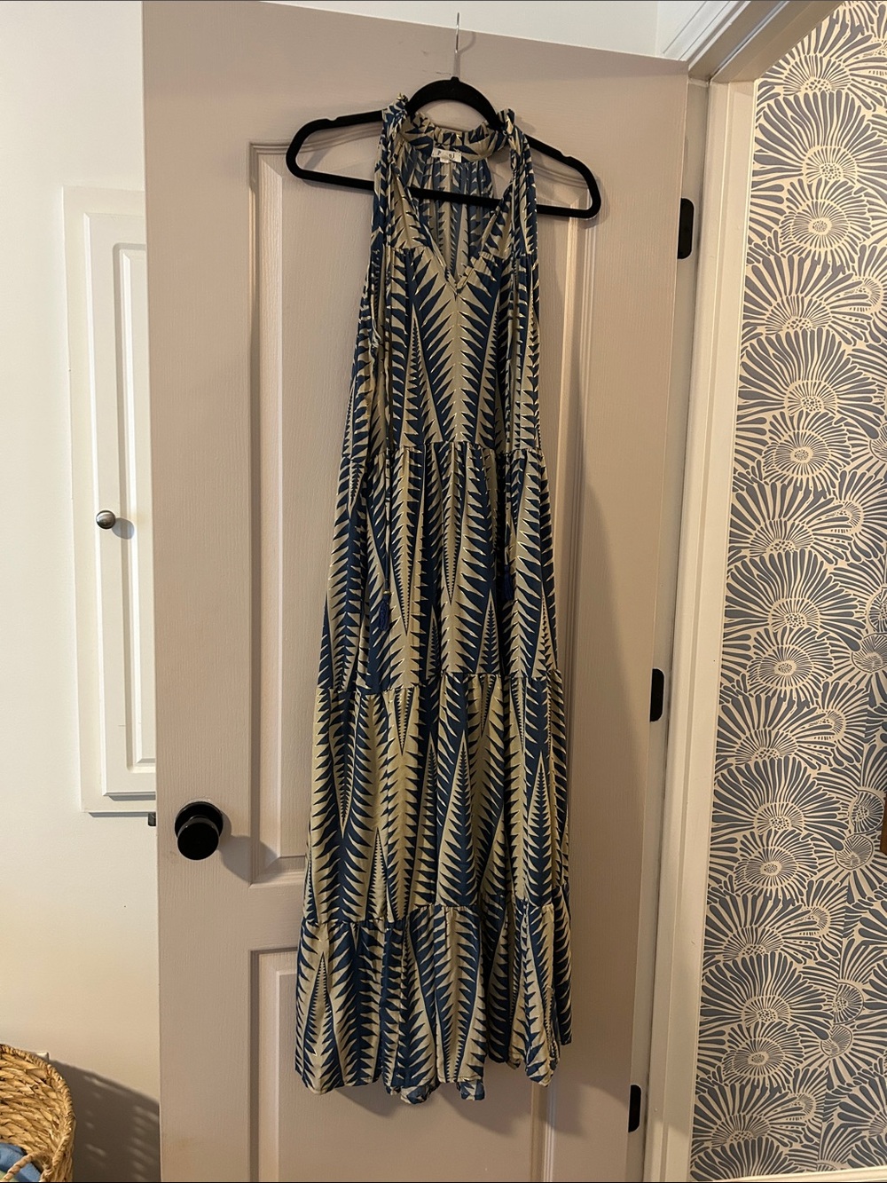 V-Neck Halter Maxi Dress in Navy and Cream